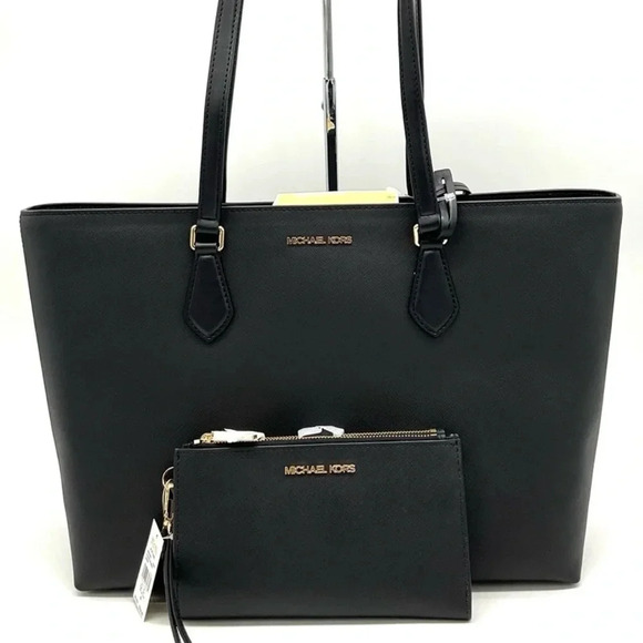 Michael Kors Bag Large Sheila Mf Tote Bag & Large Double Zip Wallet Black/Gold